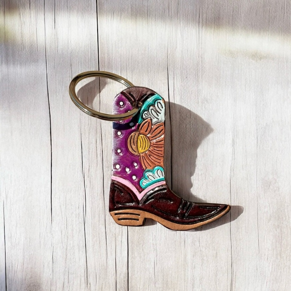 Tooled Leather Floral Boot Keychain or bag charm - Purple and Brown